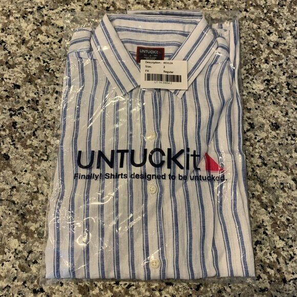 UNTUCKit Top 2 100% Linen Button Up Shirt Blue White Stripe Perfect Holiday Gift - Picture 8 of 10